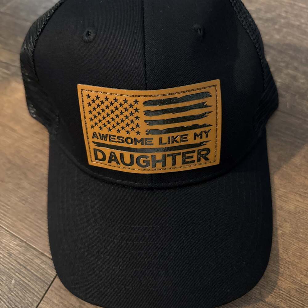 Awesome Like My Daughter Black Trucker Hat with Distressed American Flag Patch